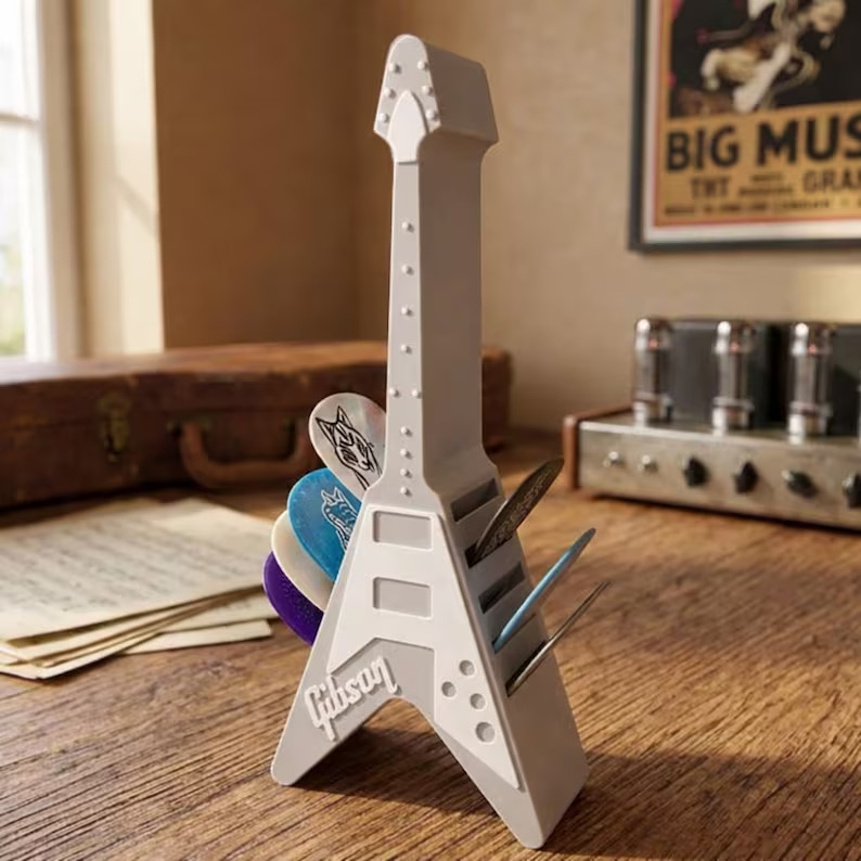 Flying V Guitar Pick Holder | Matte Grey Music Desk Organizer