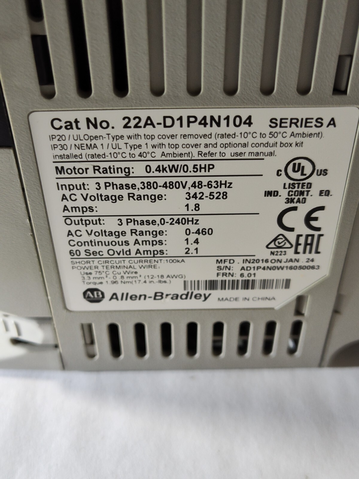 POWER FLEX 4 _ 22A-D1P4N104 _ TESTED _ 0.4kW/0.5HP _ 3 PHASE,380-480V