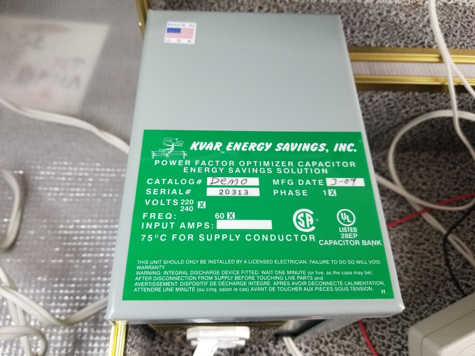 Kvar Demo Energy Savings Electricity Power Saver, TESTED 1/3 Hp Motor
