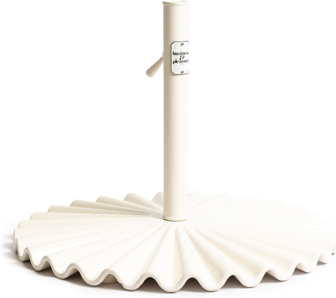 the Clamshell Base – Outdoor Patio Umbrella Base – Antique White, 55Lbs