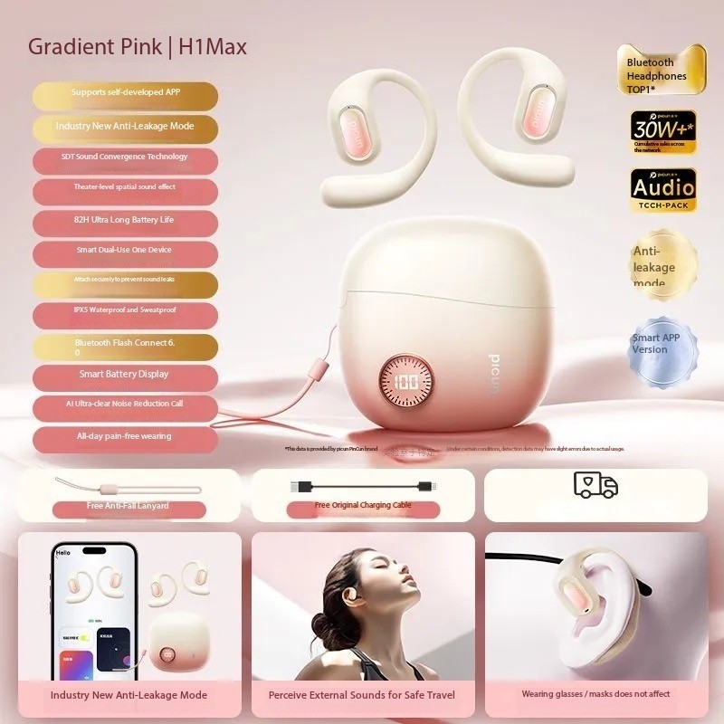Pincun H1 Max Bluetooth Earphones, Bone Conduction, Over-Ear, Wireless, Open-Ear