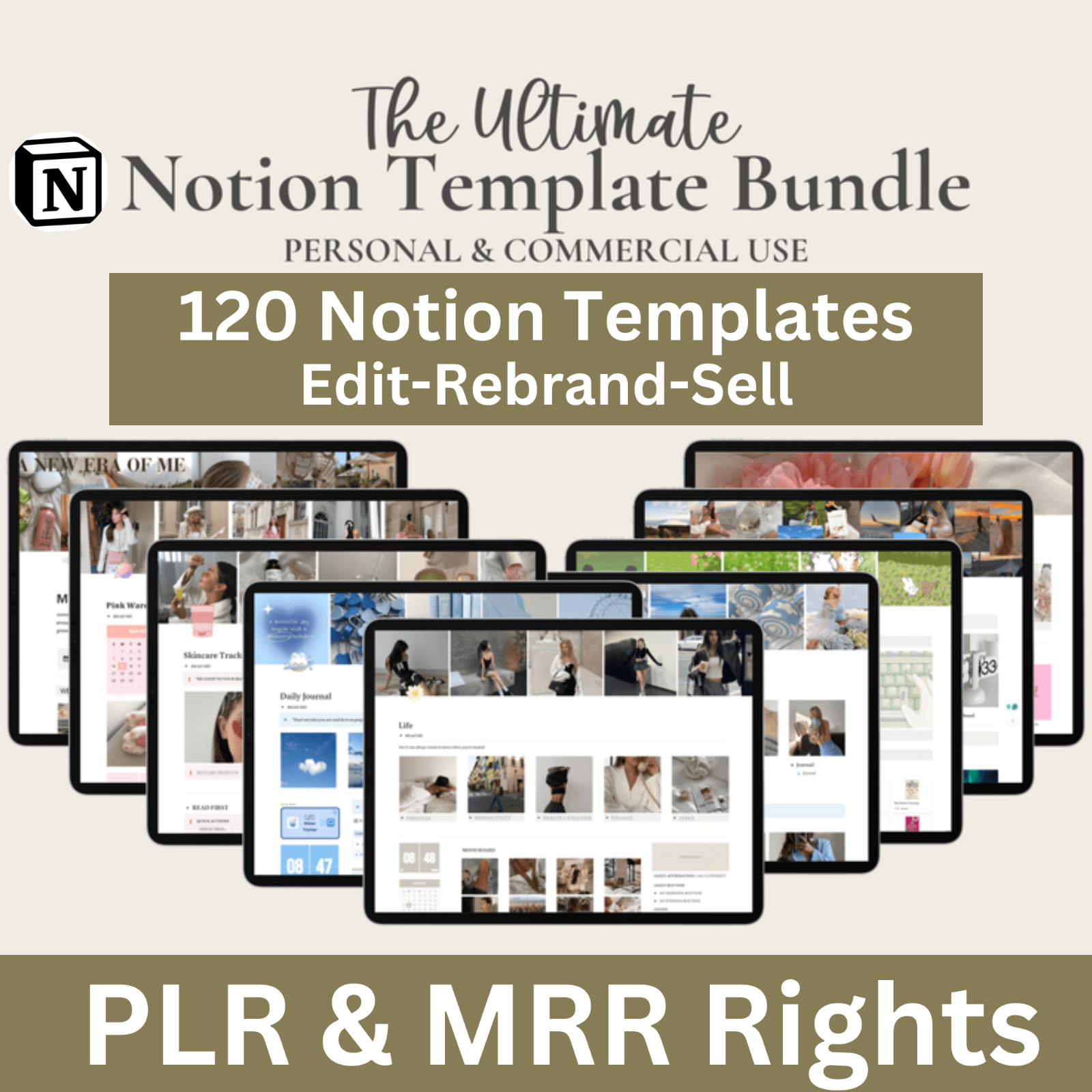 120 Notion Templates Bundle | PLR & MRR Rights | Editable Digital Planners