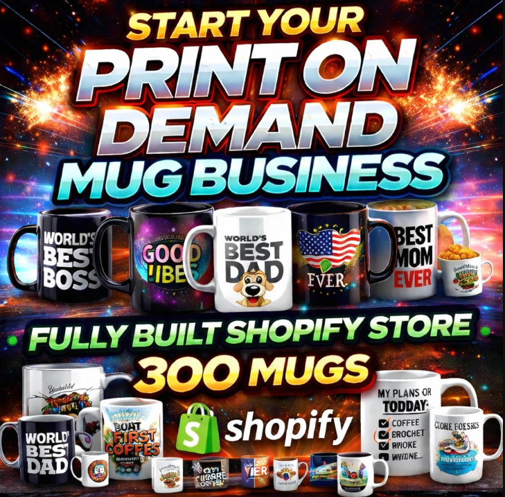 START YOUR PRINT ON DEMAND MUG BUSINESS – FULLY BUILT SHOPIFY STORE 300 MUGS
