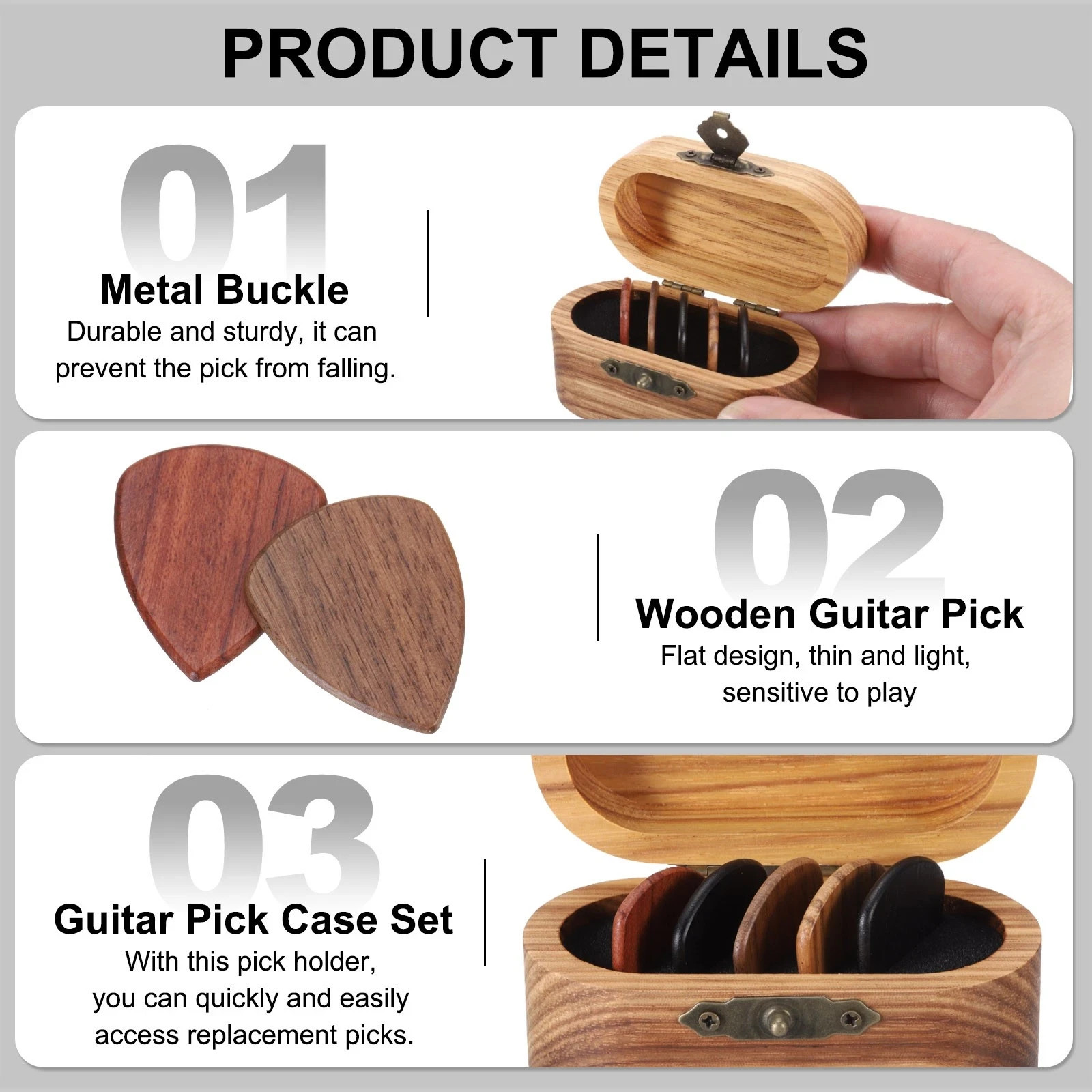 Wood Guitar Pick Holder with 5 Pack Flat Guitar Picks for Guitar Lover,2.5mm
