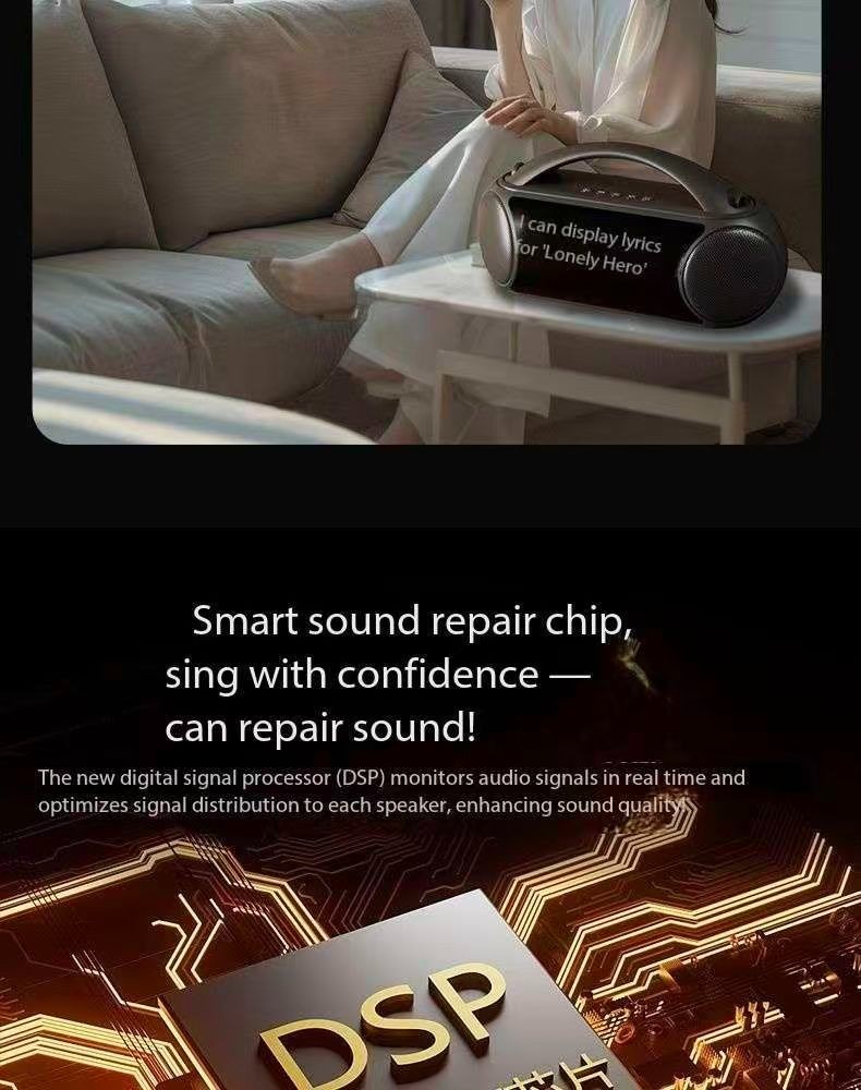 Wireless outdoor karaoke microphone and speaker with lyrics display all-in-one