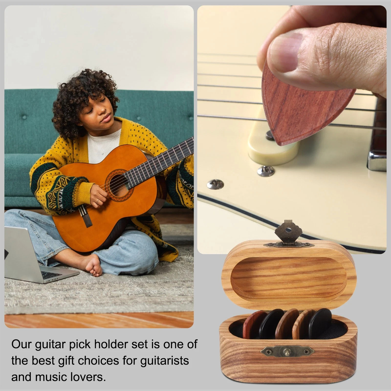 Wood Guitar Pick Holder with 5 Pack Flat Guitar Picks for Guitar Lover,2.5mm