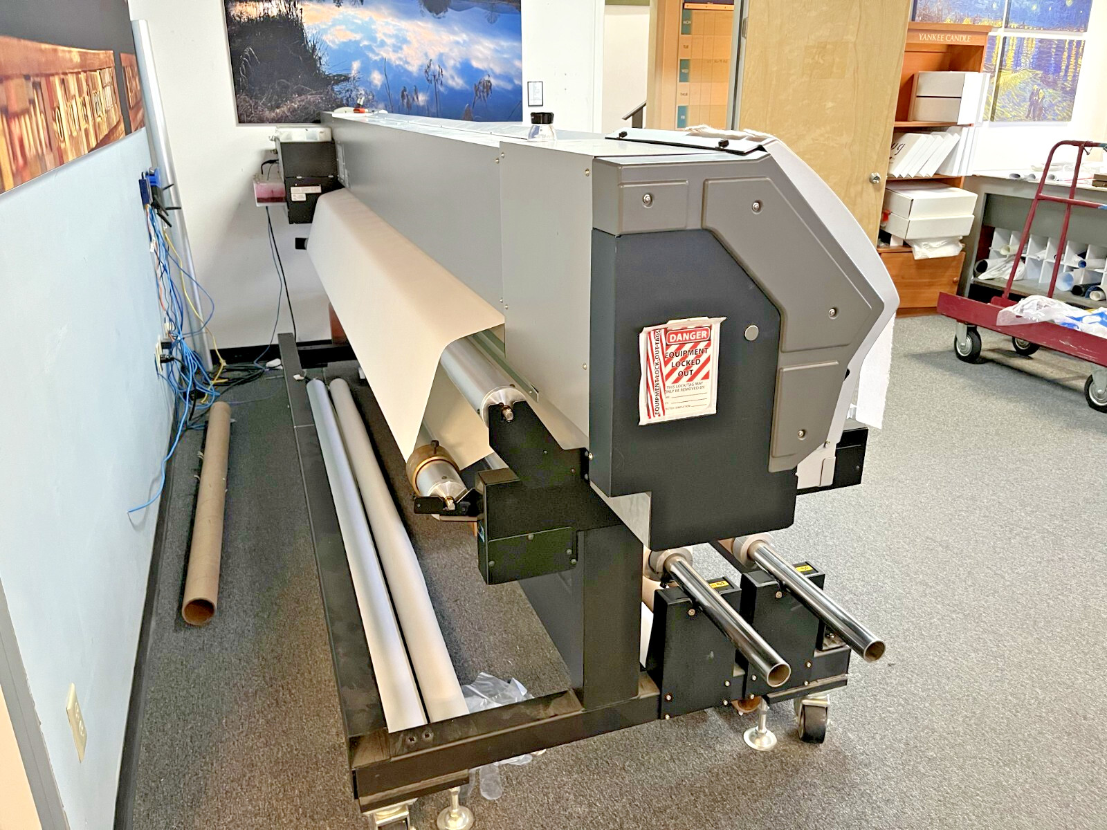 Dye sublimation fabric graphics system, Roland 1045 printer, Practix press