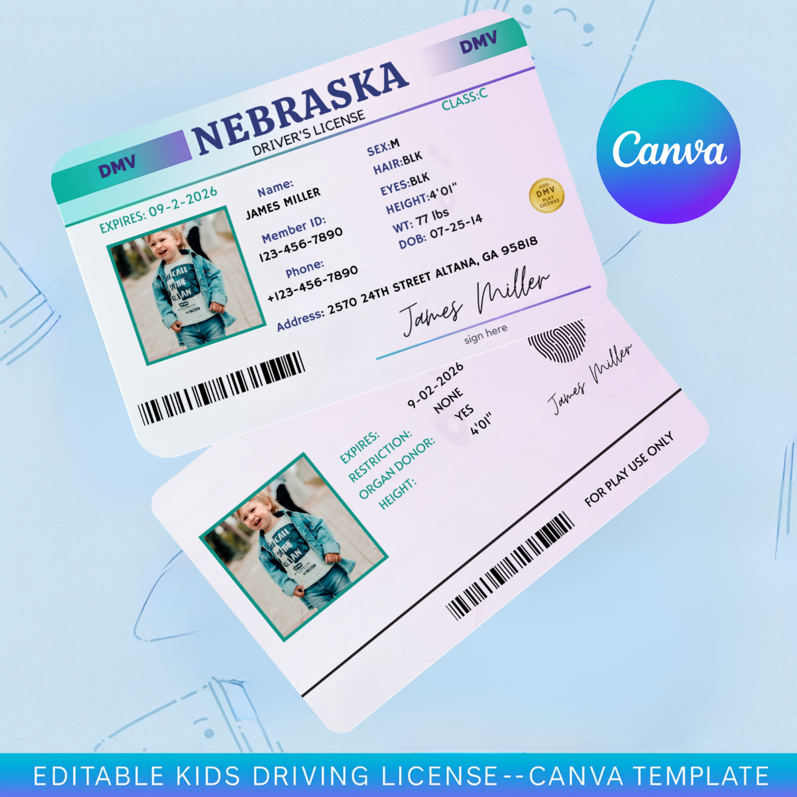 Drivers License Editable Template, Kids Play Driver License, Child Identificatio
