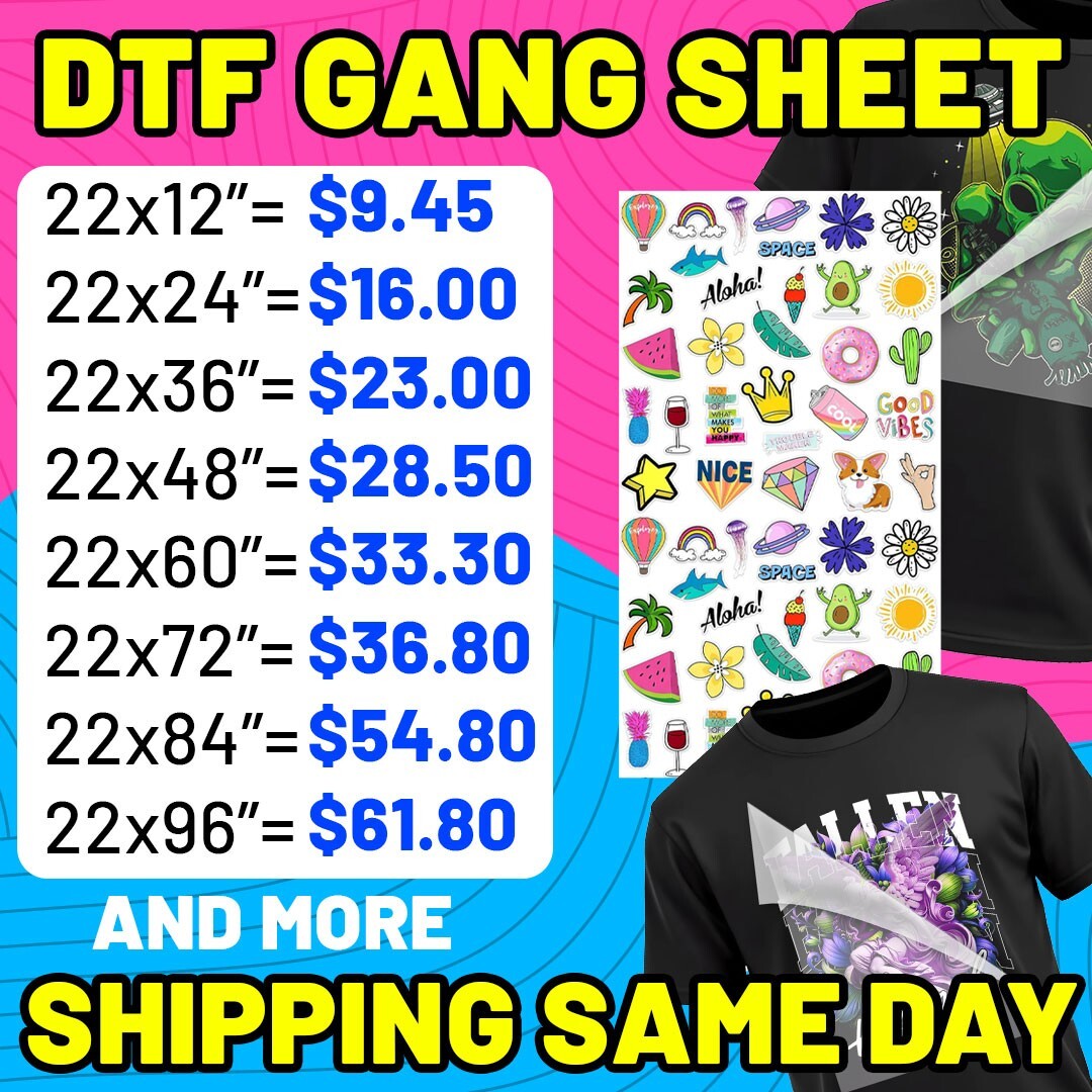 Custom DTF Gang Sheet Transfers – Full Color, 22″ x 36″ Heat Transfers for Tees