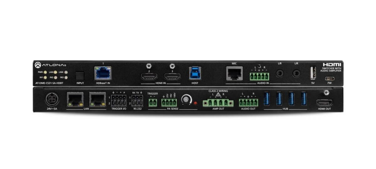 Three-Input HDBaseT and HDMI Switcher, Mixer Amplifier, and USB Hub