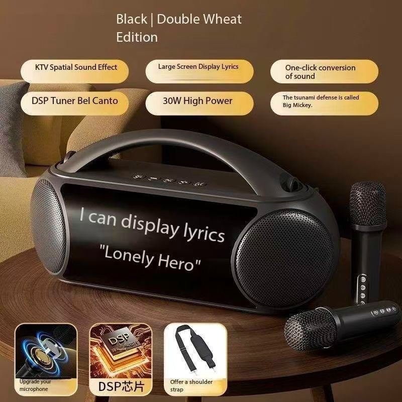 Wireless outdoor karaoke microphone and speaker with lyrics display all-in-one