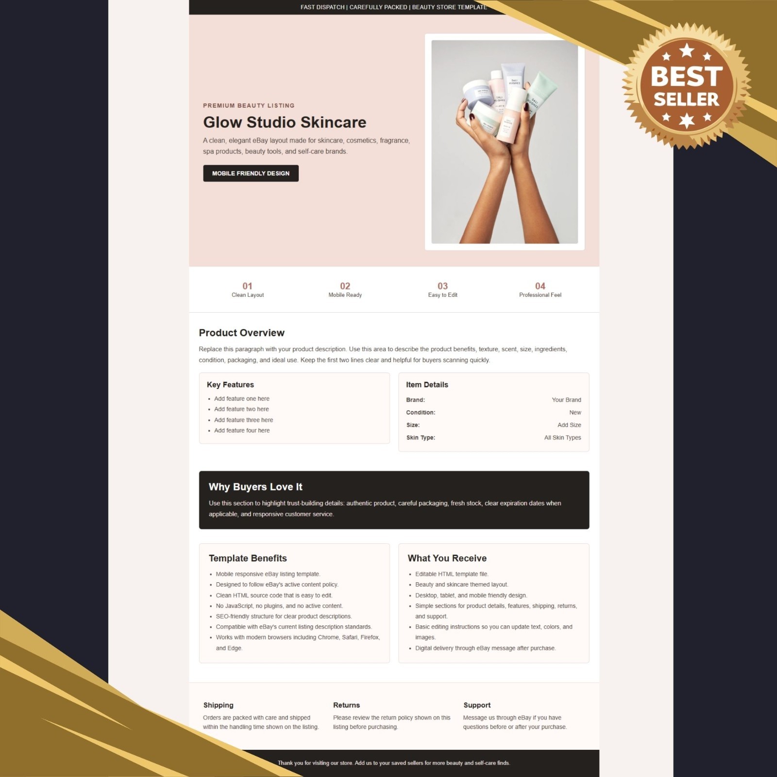 eBay Listing Template HTML Mobile Responsive Beauty Skincare Cosmetics 2026✅
