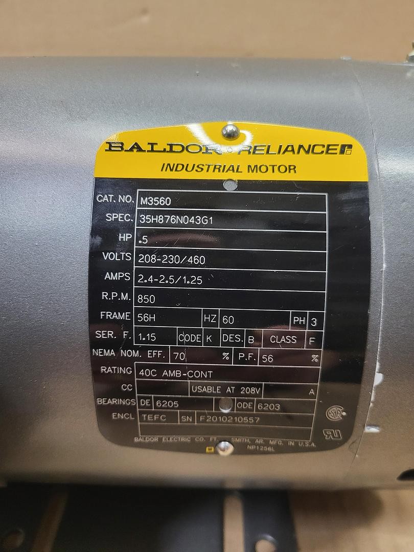 Baldor .5 HP motor 35H876N043G1 NO box 56H 208-230 / 460 V – 3 PH – 850 RPM