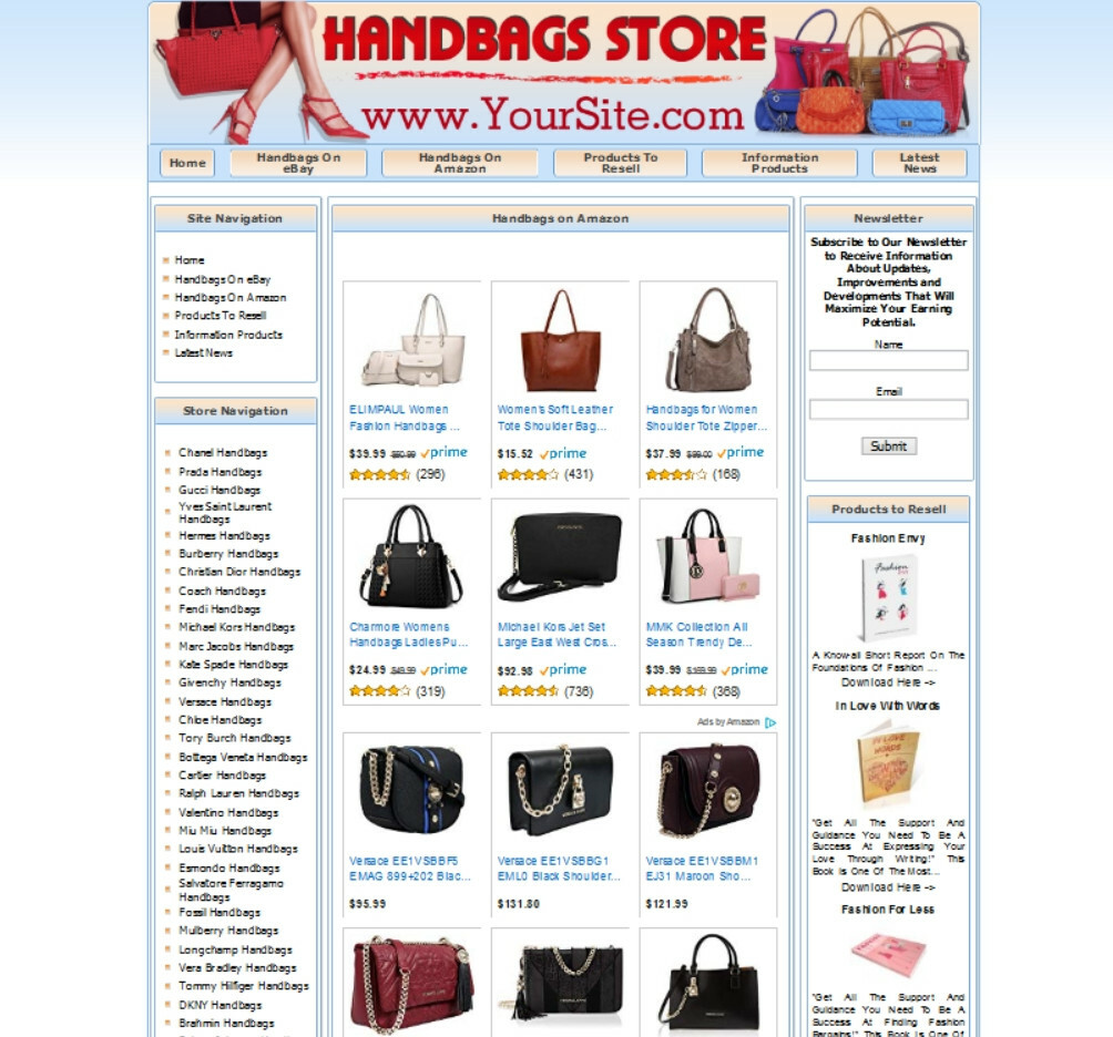 HANDBAGS STORE WEBSITE FOR SALE. AMAZON STORE, ADSENSE INCOME STREAMS