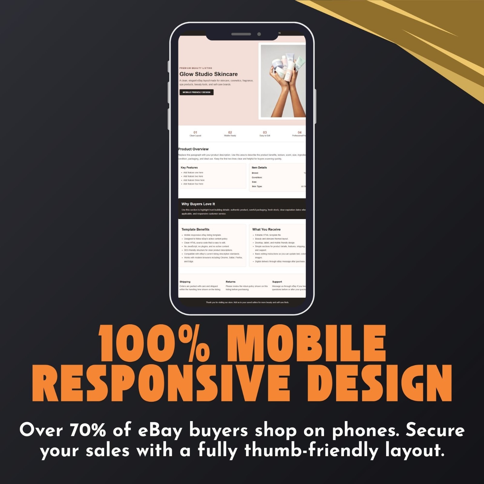 eBay Listing Template HTML Mobile Responsive Beauty Skincare Cosmetics 2026✅