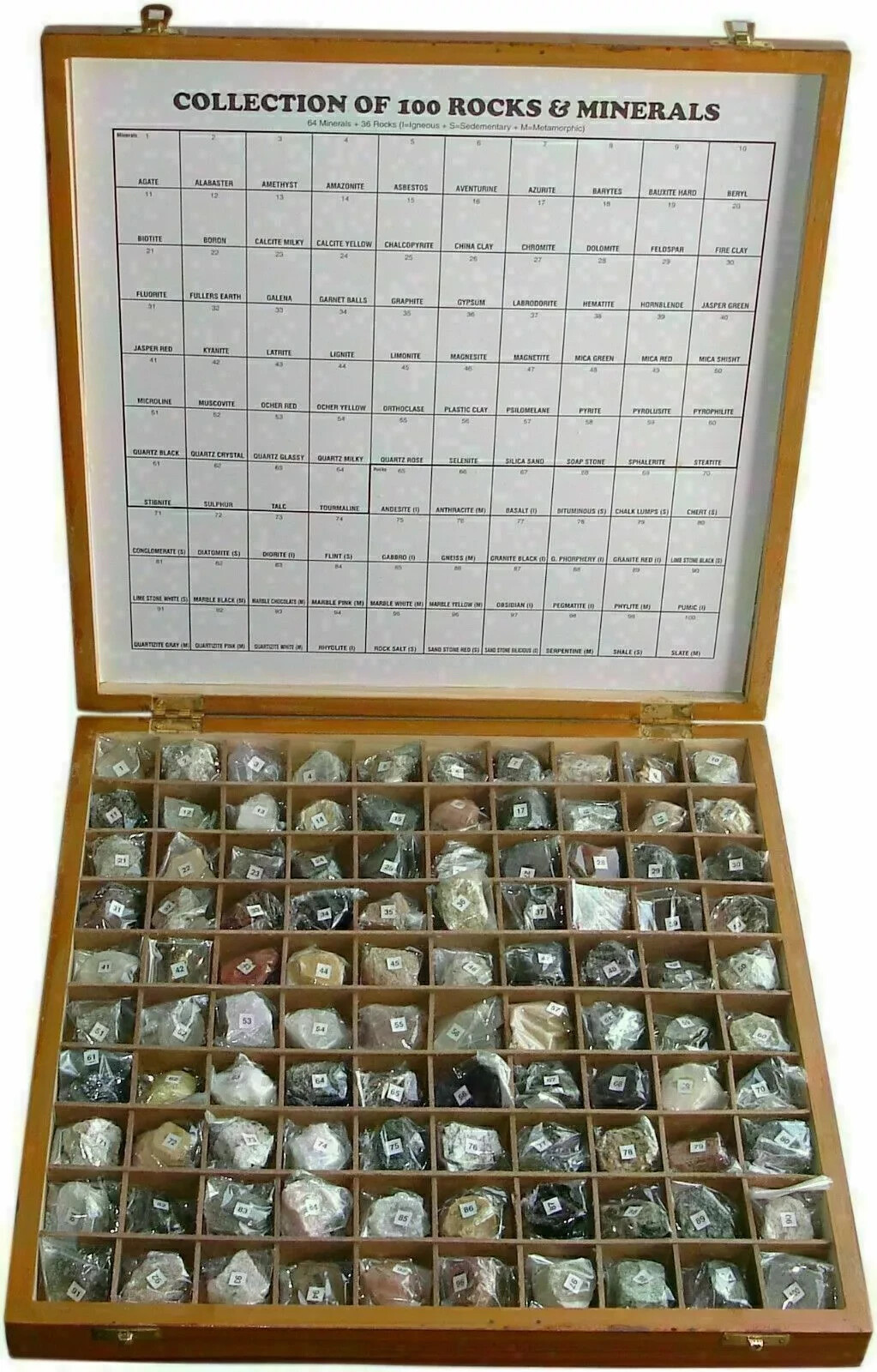 100 Rocks & Minerals Collection in Wooden Box with free expedite shipping