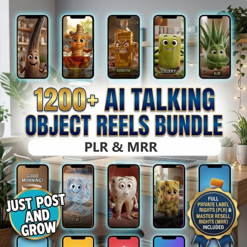 1200+ AI Talking Object Videos | Viral Reels Bundle PLR MRR | Faceless Content