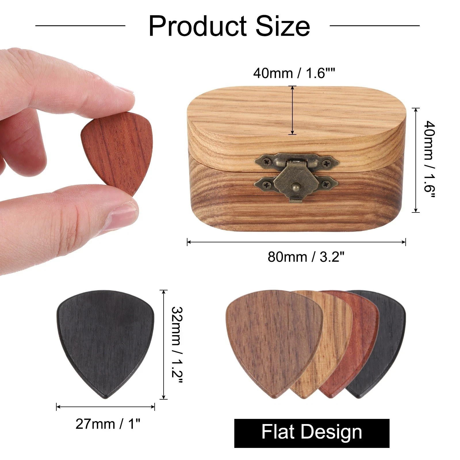 Wood Guitar Pick Holder with 5 Pack Flat Guitar Picks for Guitar Lover,2.5mm