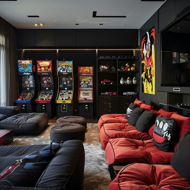 Gameroom ideas, game room designs, video games room ideas, room entertainment