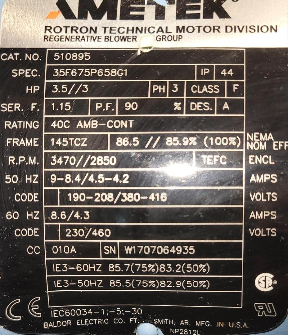 Ametek regenerative blower 3.5 HP TEFC 3 PH 230 / 460 V cat# 51895 RPM