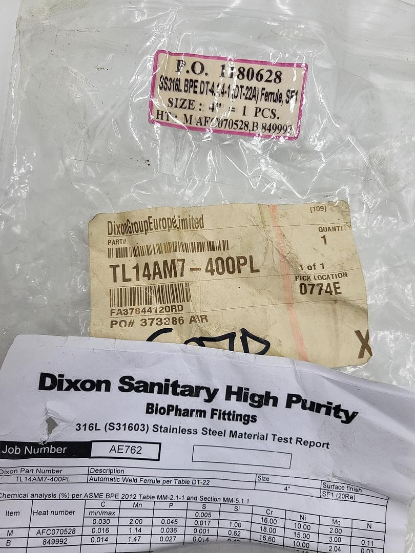 Dixon Sanitary high purity 4″ FERRULE 316L TL14AM7-400PL BPE DT-4.1