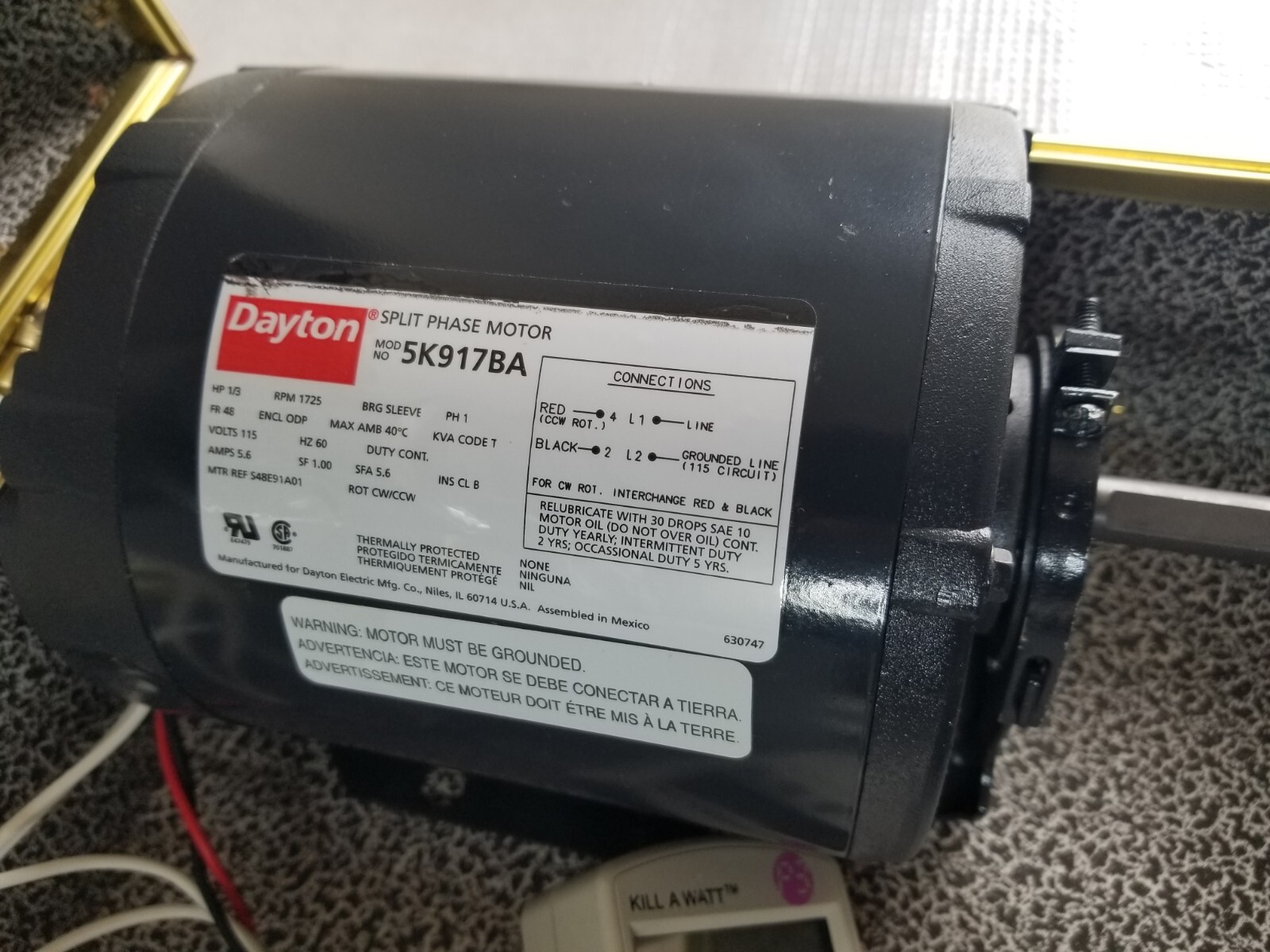 DAYTON 5K917BA 1/3hp 1725 RPM 115V 60Hz 1/2″ Bore Split Phase Motor / EX TESTED