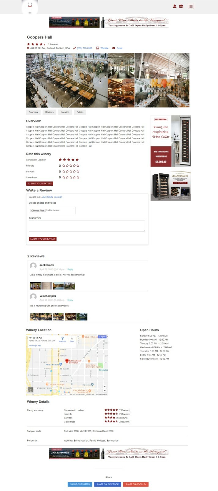 Wines and Wineries Review Board as Web Application with mobile responsive design