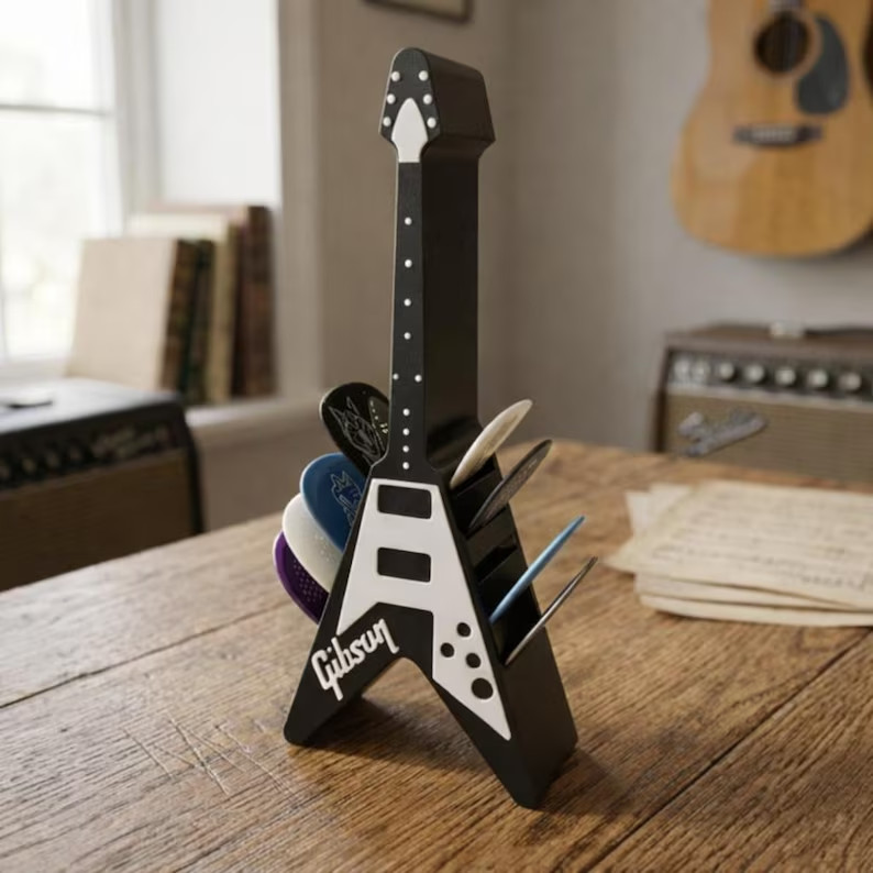 Flying V Guitar Pick Holder | Matte Grey Music Desk Organizer