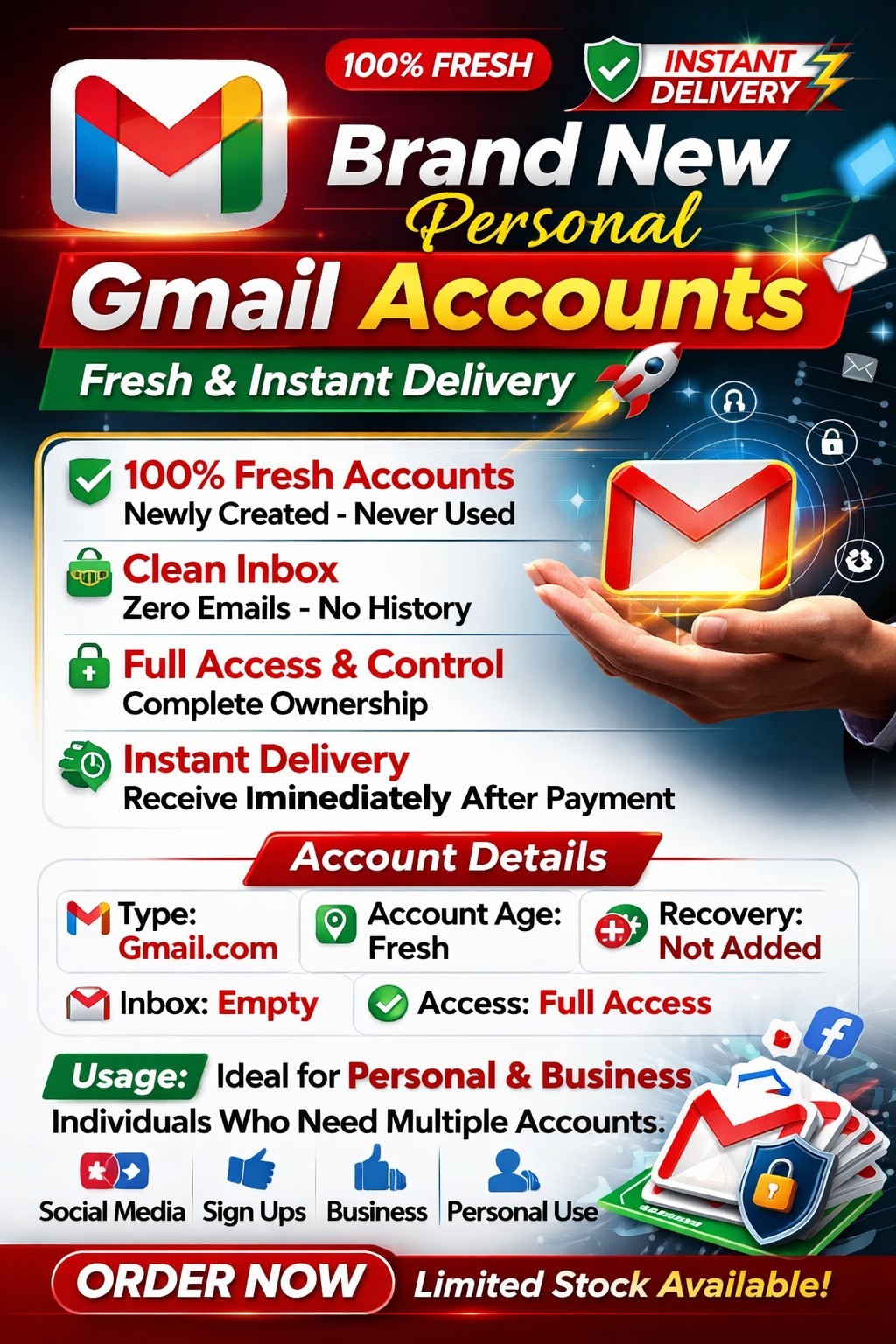 10 Pack Brand New Personal Gmail Accounts – Fresh & Instant Delivery