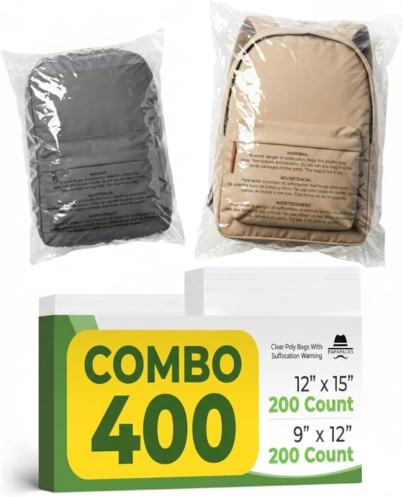 400 Count Clear Poly Bags Combo Pack 9×12 & 12×15 Self-Seal Shipping Storage