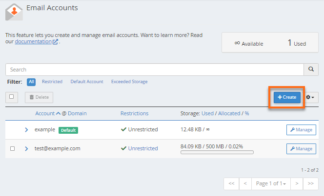 Email Accounts - Create button