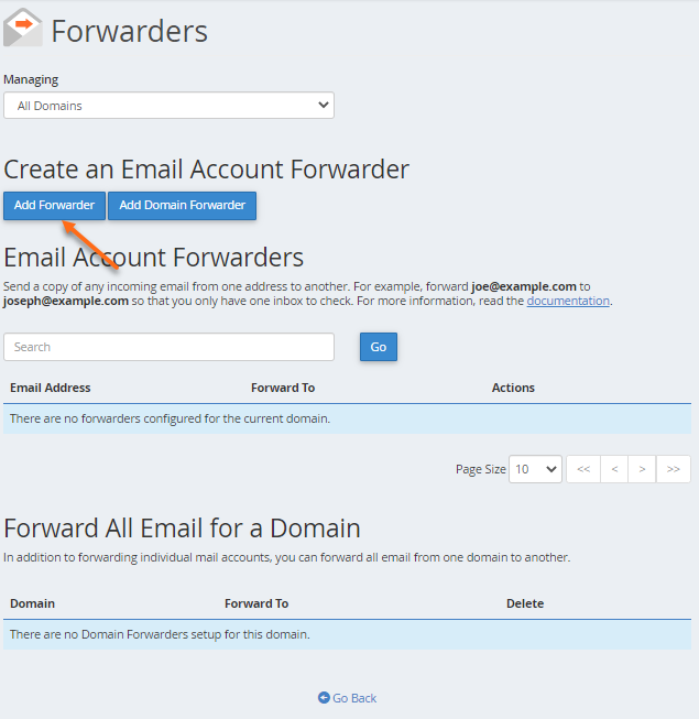 Email Accounts - Add Forwarder